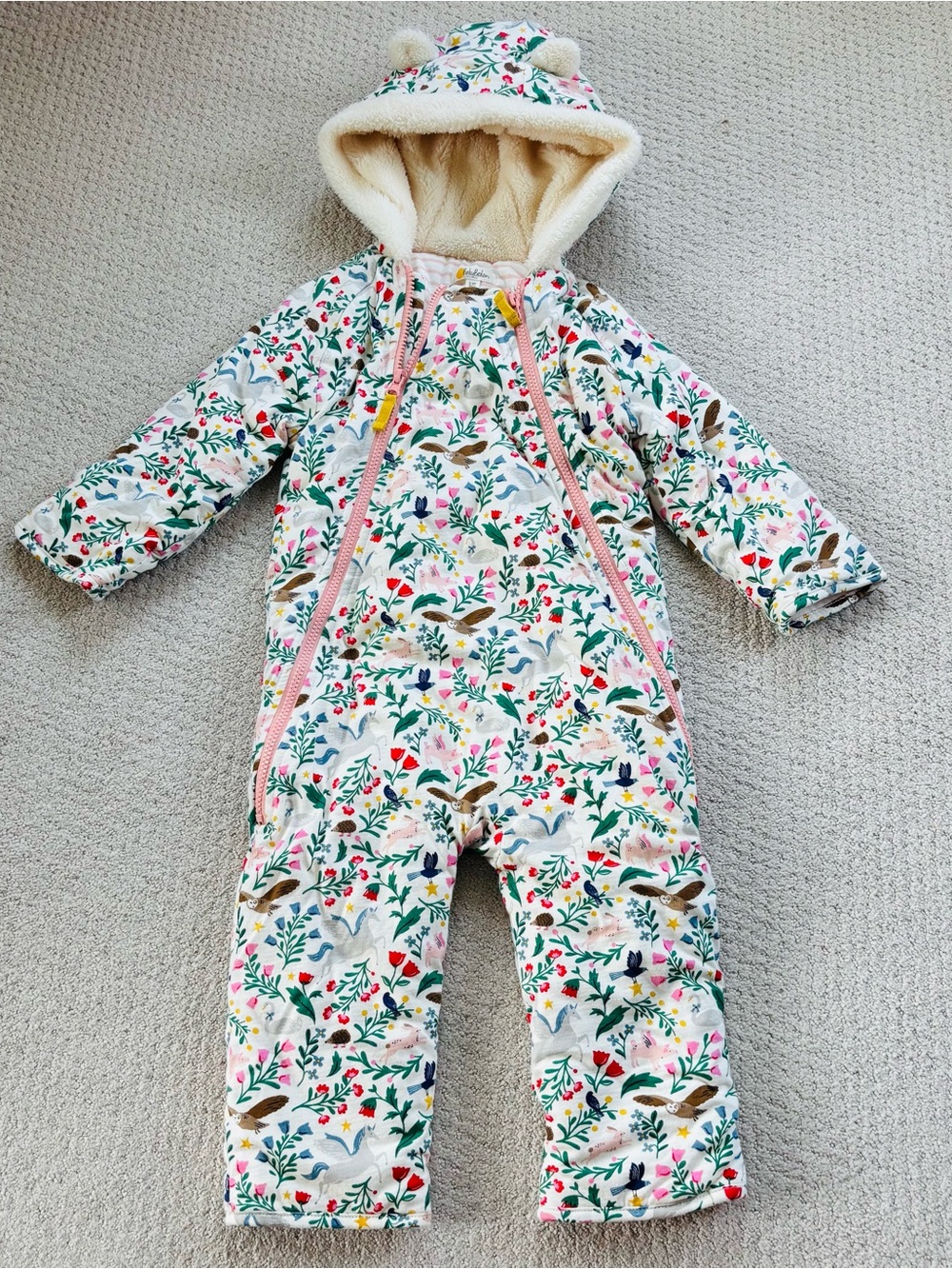 Mini boden enchanted woodland Print Fleece-Lined Hooded Snowsuit